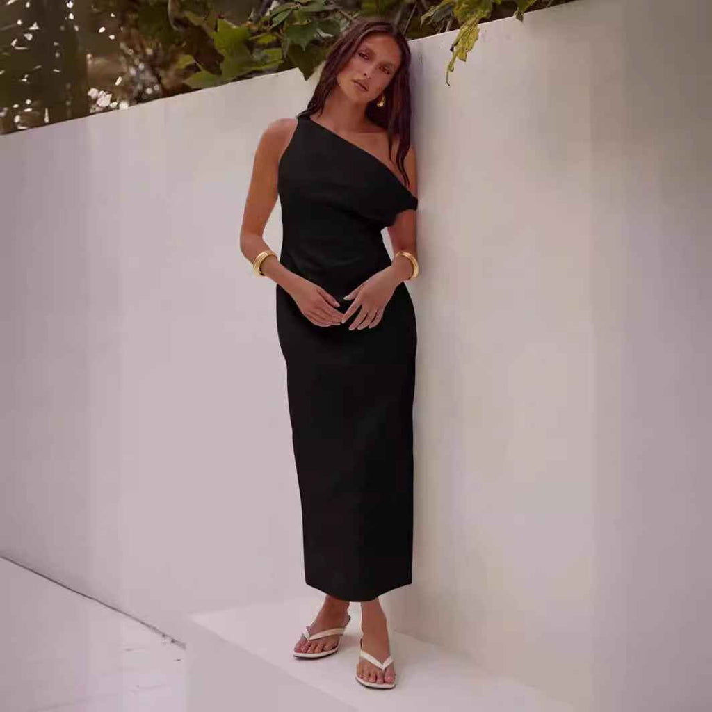 Women's Elegant One-Shoulder Midi Dress – Slim Fit with Draped Top Black