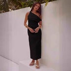 Women's Elegant One-Shoulder Midi Dress – Slim Fit with Draped Top Black