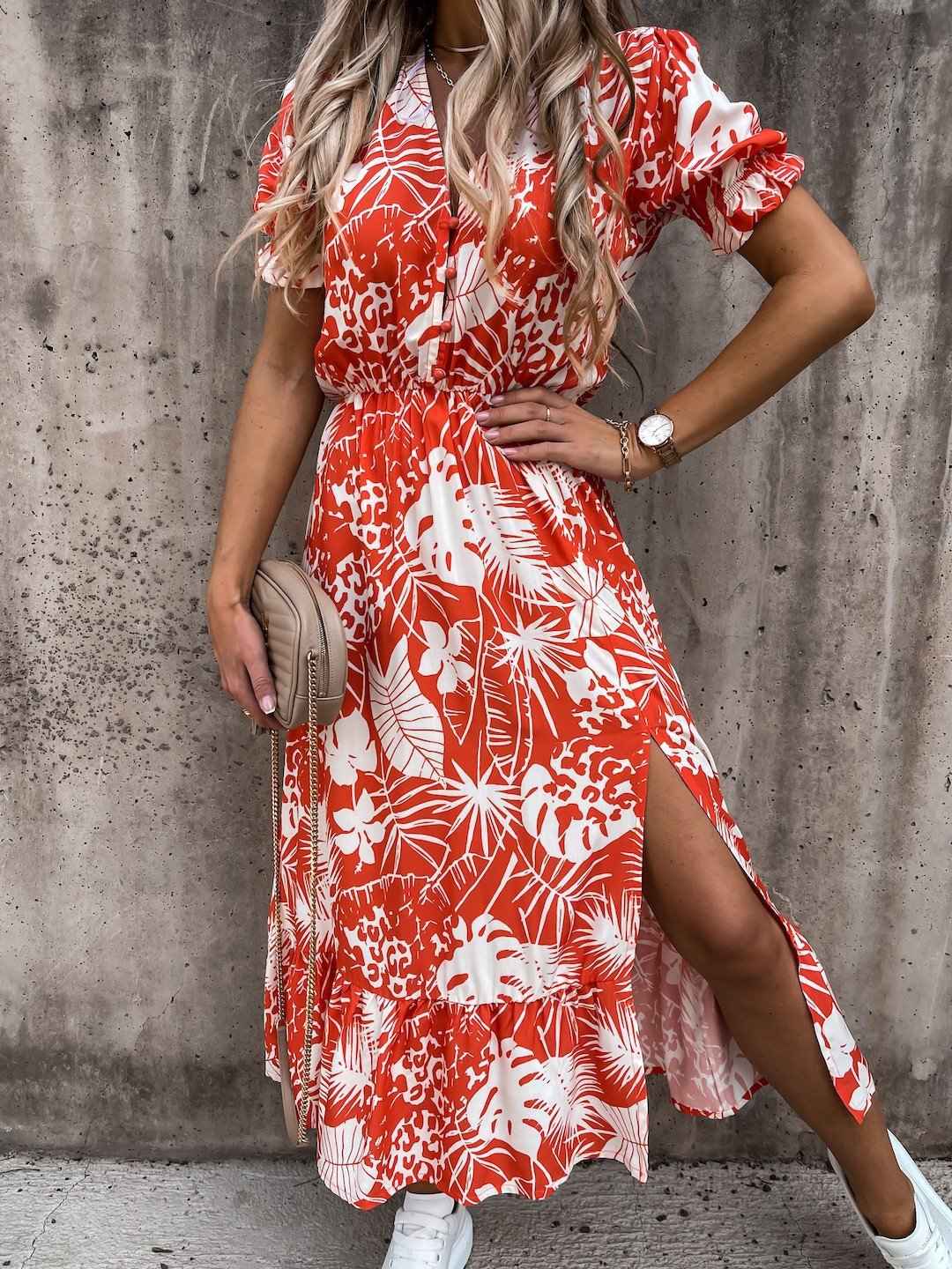 Women's Floral Print Maxi Dress - Relaxed Fit, High Waist, V-Neck, Side Split