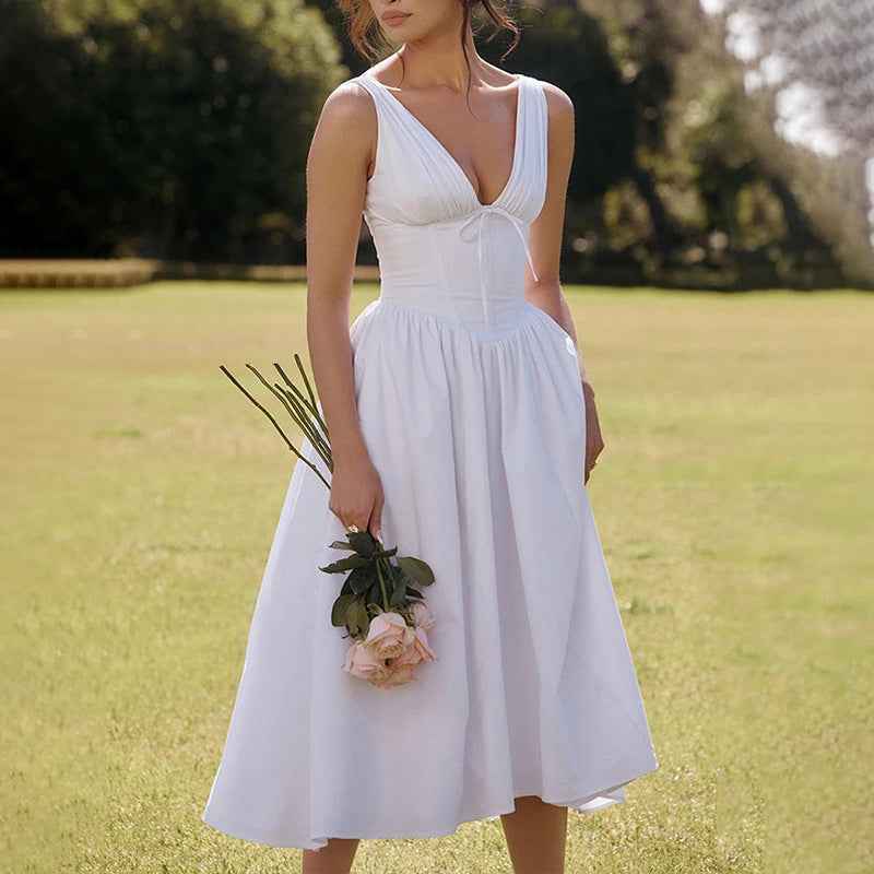 Women's A-Line Midi Dress with V-Neck and Spaghetti Straps – Floral Print Cotton Look