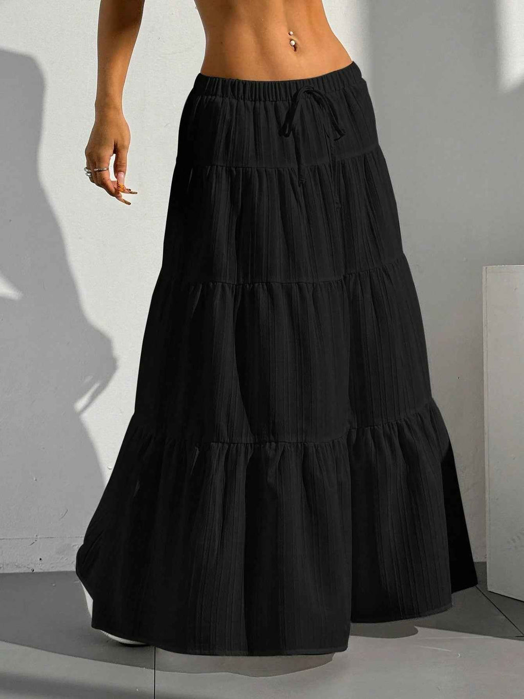 Women's A-line Maxi Skirt with Layered Ruffles and Drawstring Waist