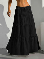 Women's A-line Maxi Skirt with Layered Ruffles and Drawstring Waist
