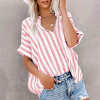 Women's Short Sleeve Striped Cotton Blouse – Relaxed Fit with Button Closure Dark Red