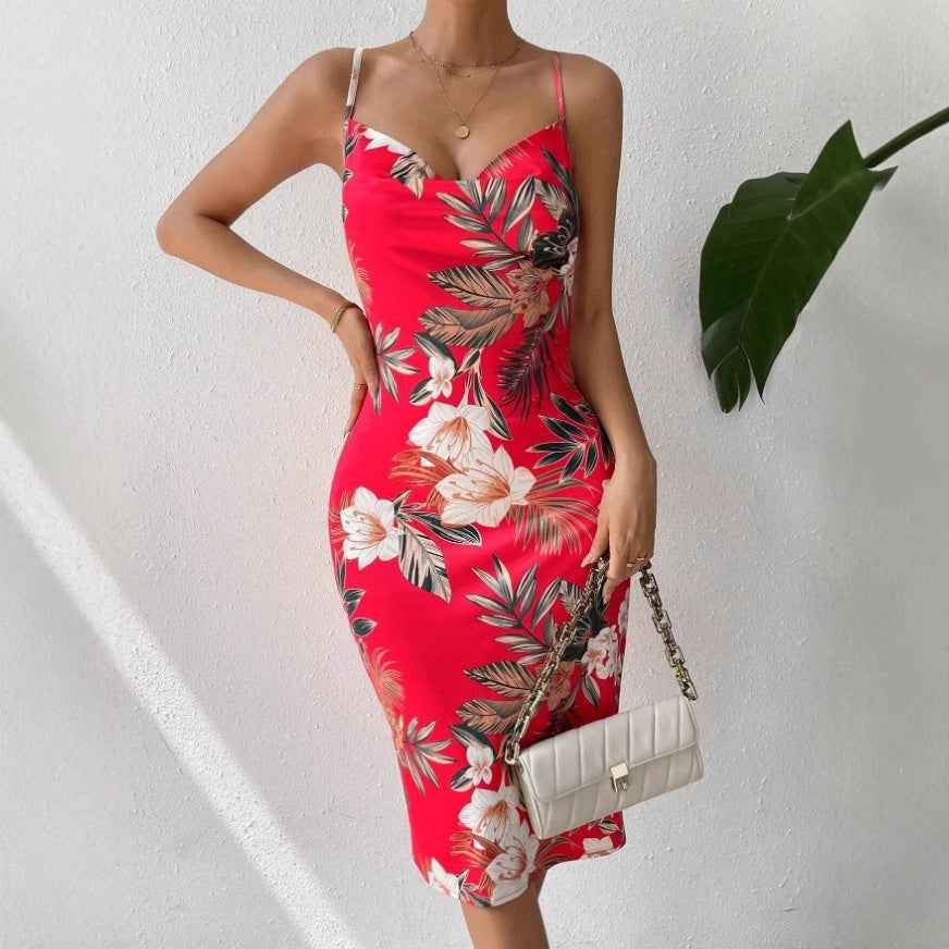 Women's Floral Print Midi Dress – Fitted with Spaghetti Straps & Scoop Neck Red