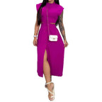 Women's Slim Fit Midi Dress – Sleeveless with Cut-Out Waist & Button Closure – Turtleneck Design