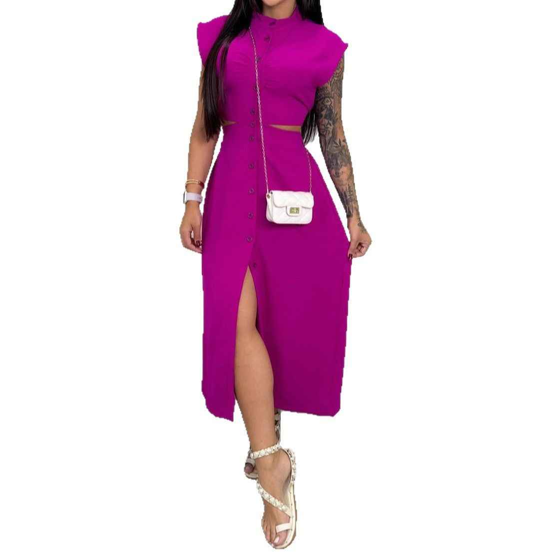 Women's Slim Fit Midi Dress – Sleeveless with Cut-Out Waist & Button Closure – Turtleneck Design