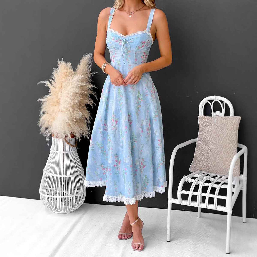 Women's A-Line Midi Dress with Spaghetti Straps – Floral Cotton Design and Lace Accents Light Blue