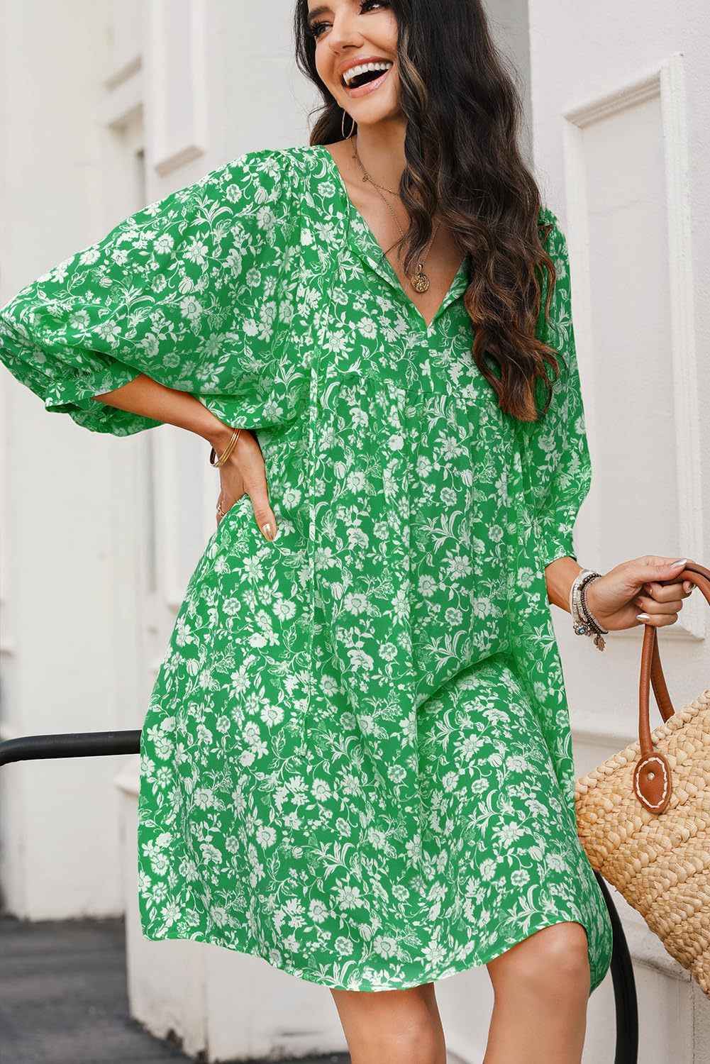 Women's Bohemian Floral Midi Dress – V-neck, Relaxed Fit, Lantern Sleeves Green