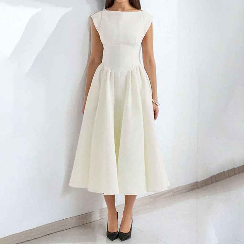 Women's A-Line Midi Dress – Fitted Sleeveless Design with Back Detail White