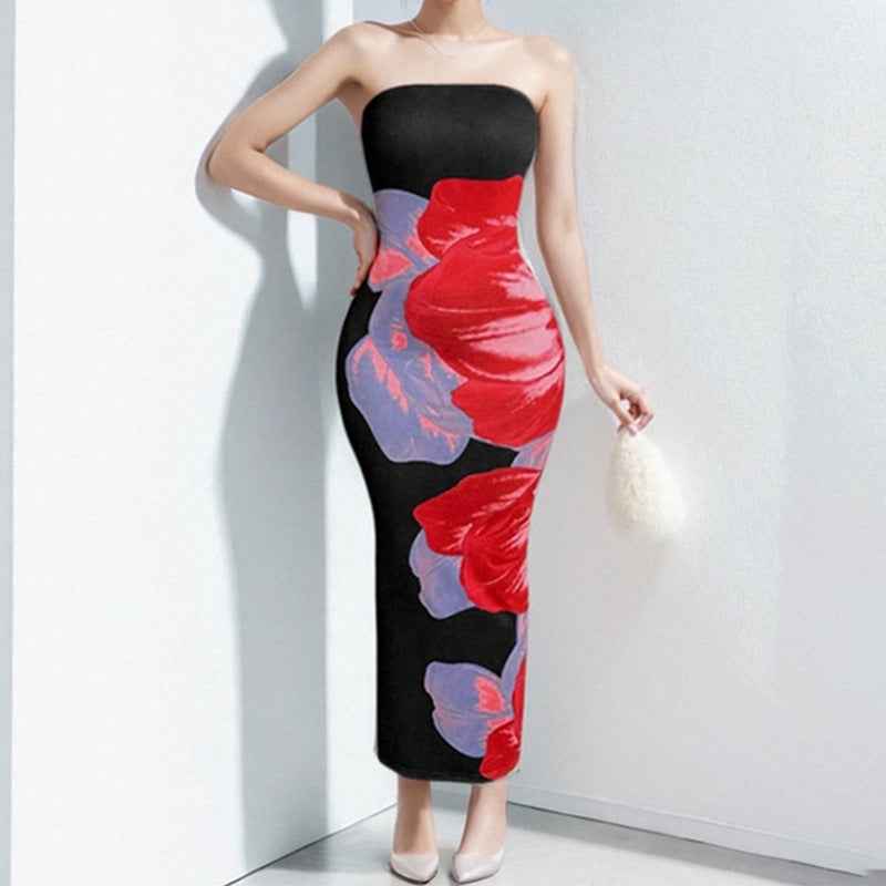 Women's Floral Print Maxi Dress – Slim Fit – Soft Strapless Design Black Red Purple