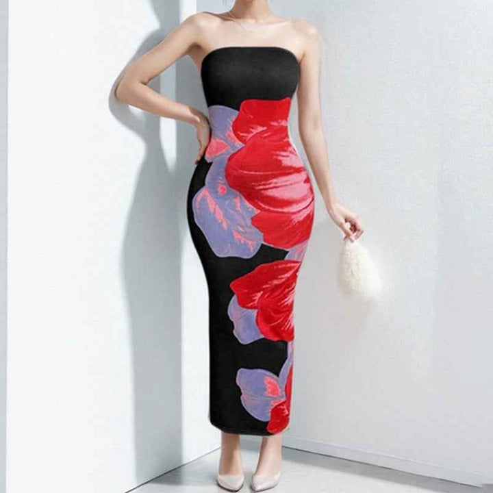Women's Floral Print Maxi Dress – Slim Fit – Soft Strapless Design Black Red Purple