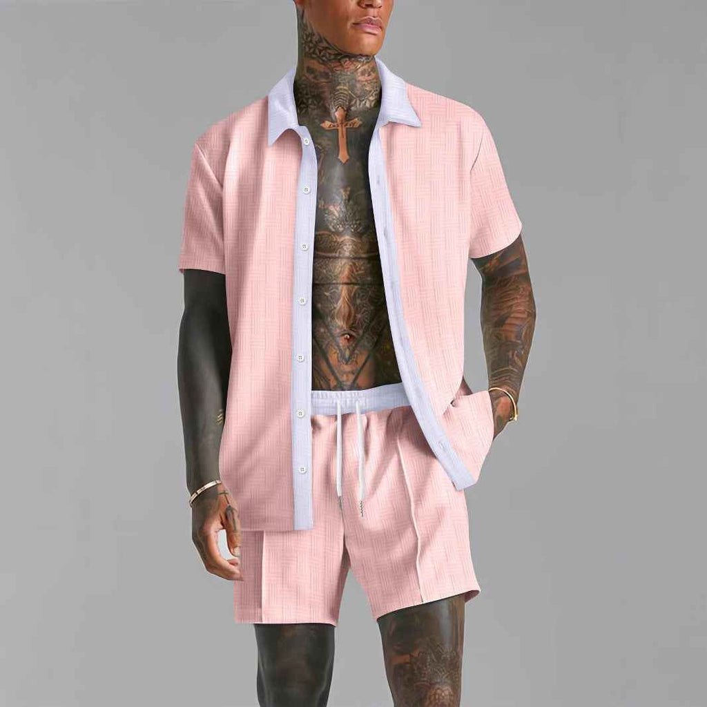 Men's Relaxed Fit Short Sleeve Shirt and Shorts Set – Breathable Fabric – Elastic Waistband Pink