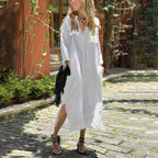 Women's Relaxed Fit Midi Dress - V-Neck, 3/4 Sleeve, Linen Cotton with Pockets White