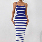 Women's Slim Fit Bodycon Midi Dress – Knitted Stretch Fabric with Spaghetti Straps Blue