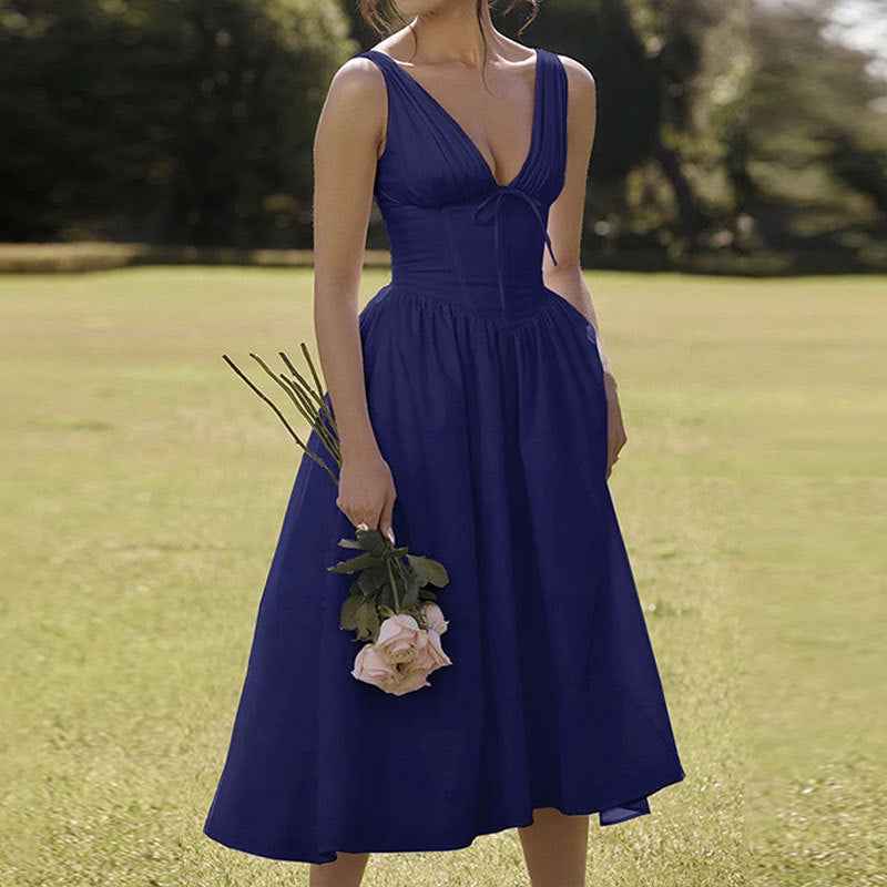 Women's A-Line Midi Dress with V-Neck and Spaghetti Straps – Floral Print Cotton Look