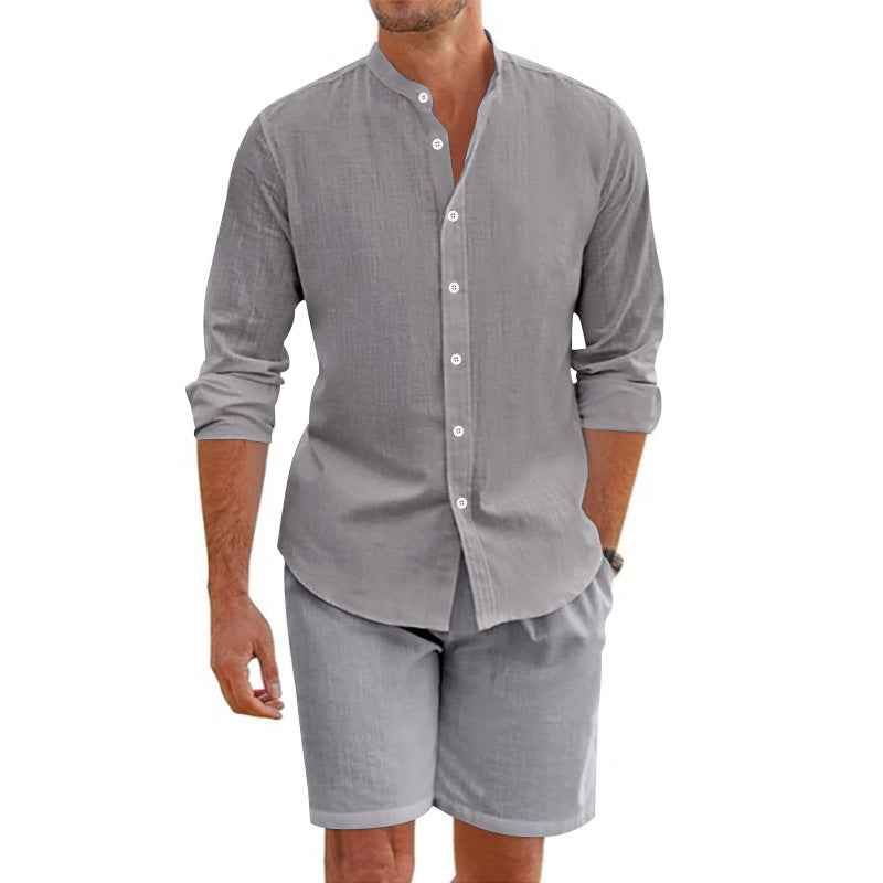 Men's Relaxed Fit Linen Blend Button-Up Shirt and Shorts Set Grey