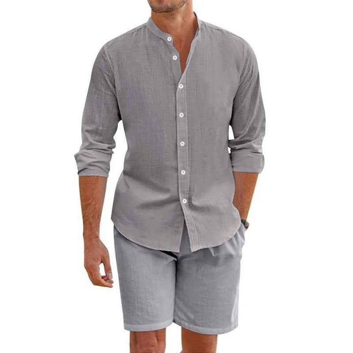 Men's Relaxed Fit Linen Blend Button-Up Shirt and Shorts Set Grey