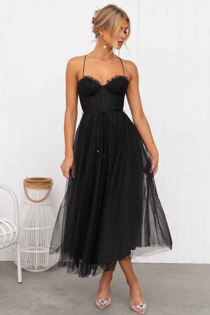 Women's Slim Fit A-Line Evening Dress – Midi Length with Mesh Overlay & Spaghetti Straps Black