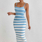 Women's Slim Fit Bodycon Midi Dress – Knitted Stretch Fabric with Spaghetti Straps Sky Blue