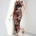 Women's Elegant Midi Dress – Sleeveless, Slim Fit with Side Slit Print Brown