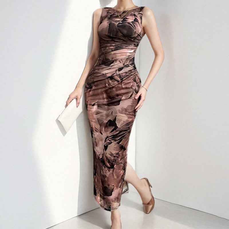 Women's Elegant Midi Dress – Sleeveless, Slim Fit with Side Slit Print Brown