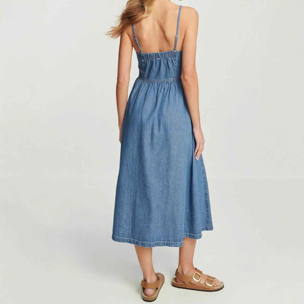 Women's A-Line Denim Midi Dress with Adjustable Straps and Elastic Back