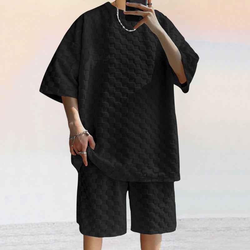 Men's Casual Shirt and Shorts Set – Soft Loose Fit Jacquard Knit Black