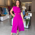 Women's Slim Fit Midi Dress – Sleeveless with Cut-Out Waist & Button Closure – Turtleneck Design