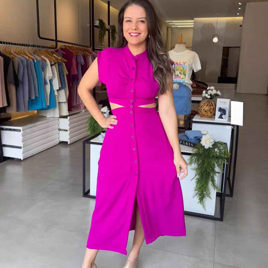 Women's Slim Fit Midi Dress – Sleeveless with Cut-Out Waist & Button Closure – Turtleneck Design