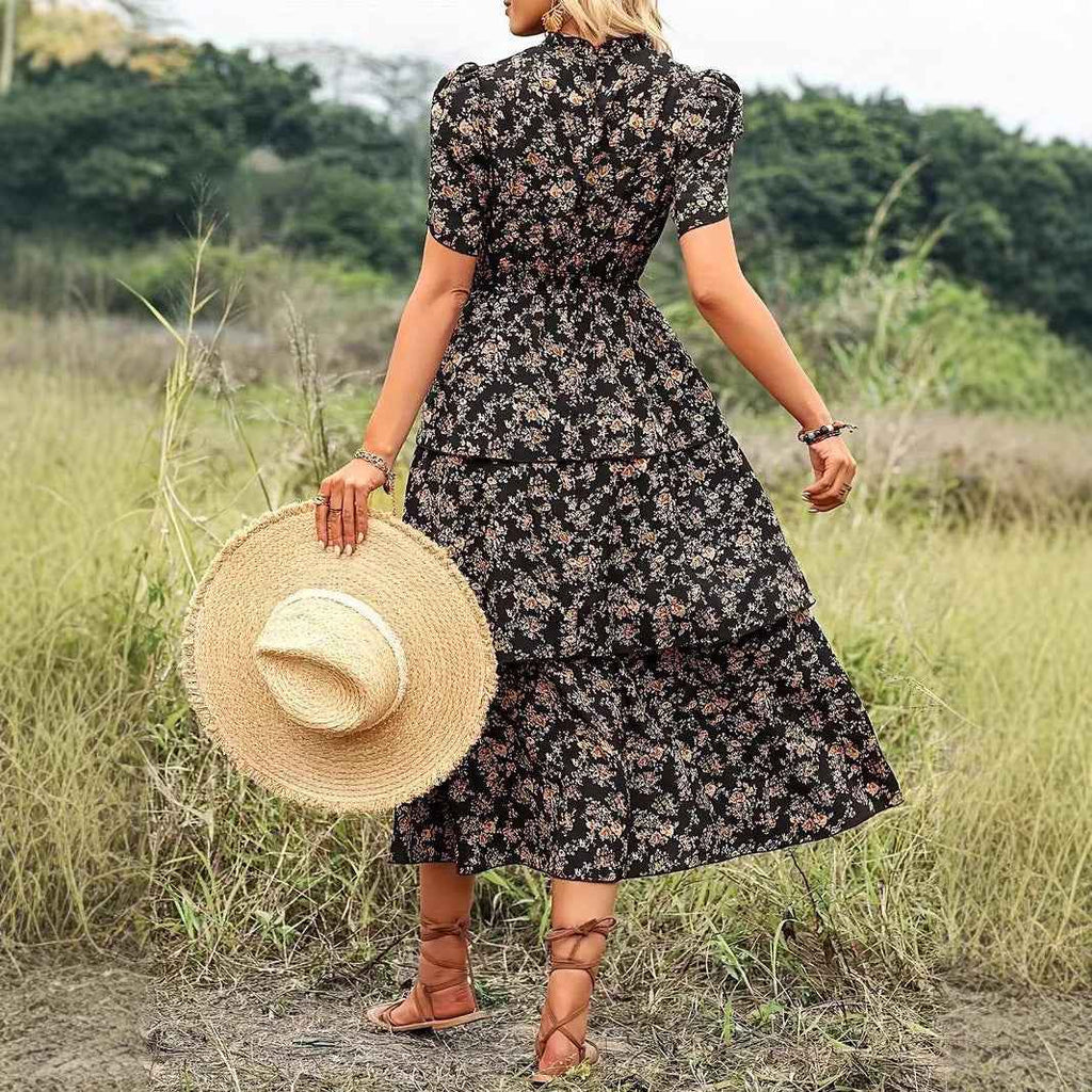 Women's Floral Midi Dress – Flowy Fit, Puff Sleeves, Layered Design