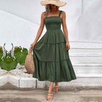 Women's Sleeveless Smocktop Dress with Layered Midi Skirt - Lightweight Cotton Green