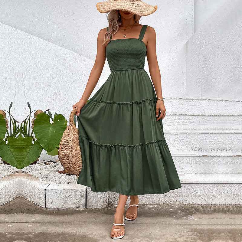Women's Sleeveless Smocktop Dress with Layered Midi Skirt - Lightweight Cotton Green