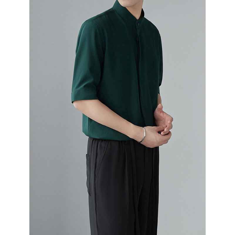 Men's Relaxed Fit Linen Look Shirt with Mao Collar and Concealed Button Closure