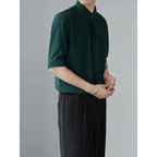 Men's Relaxed Fit Linen Look Shirt with Mao Collar and Concealed Button Closure