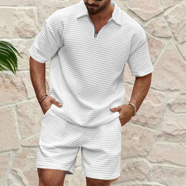 Men's Relaxed Fit Waffle Texture Set – Breathable Short Sleeves & Shorts White
