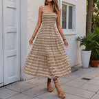 Women's A-line Summer Dress – Smocked Top & Layered Midi Skirt – Cotton Khaki
