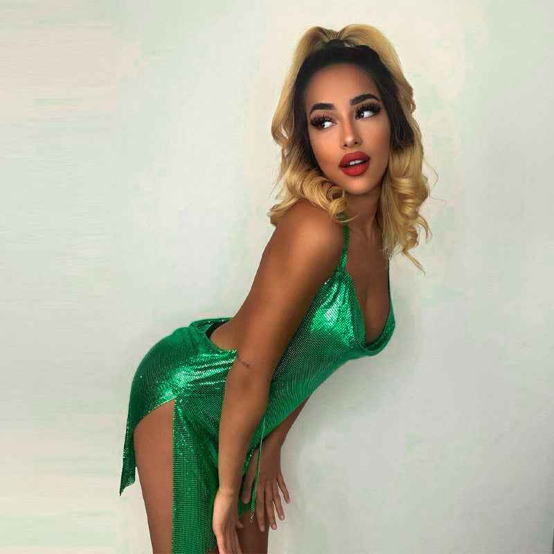 Women's Slim Fit Mini Dress - Sleeveless, Open Back, Shiny Fabric with Slit Green