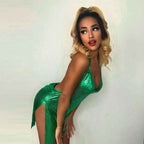 Women's Slim Fit Mini Dress - Sleeveless, Open Back, Shiny Fabric with Slit Green