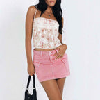 Women's Slim Fit Denim Mini Skirt with Front Pockets and Button Zip Closure Pink