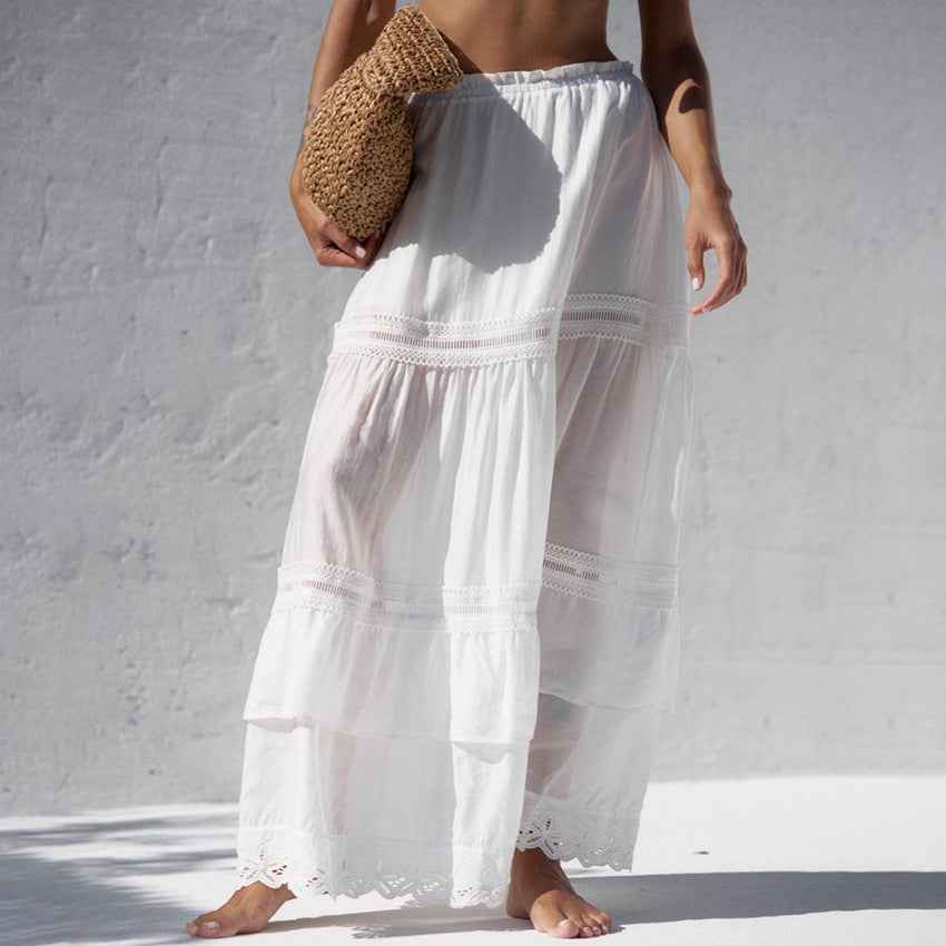 Women's Layered Maxi Skirt – Loose Fit with Lace Details and Elastic Waist