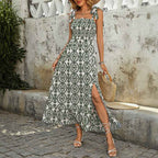 Women's Slim Fit Midi Dress – Cotton Blend with Print, Side Slit, and Tie Straps Green