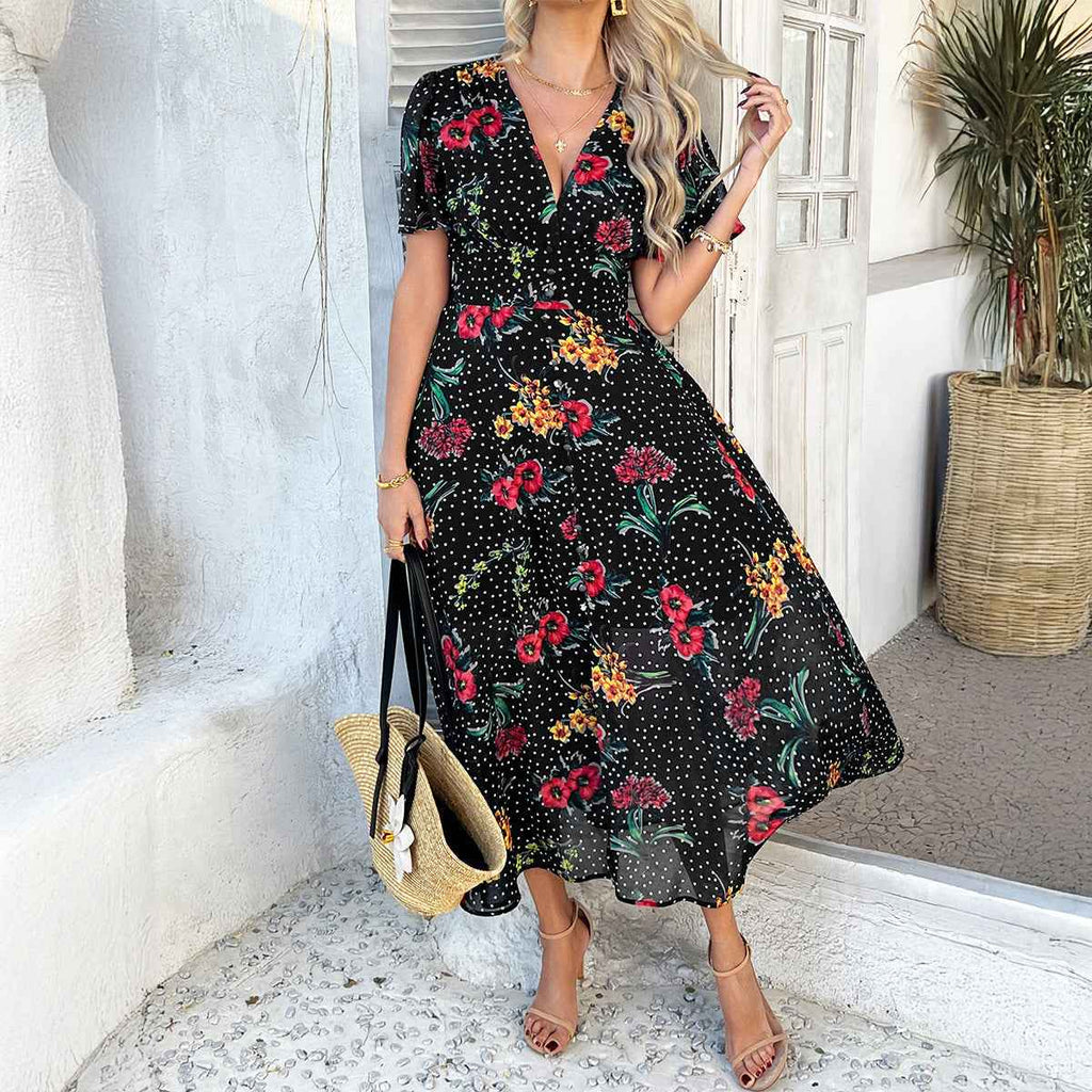 Women's Bohemian Floral Midi Dress – Chiffon, V-Neck, Short Sleeves Black