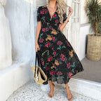 Women's Bohemian Floral Midi Dress – Chiffon, V-Neck, Short Sleeves Black