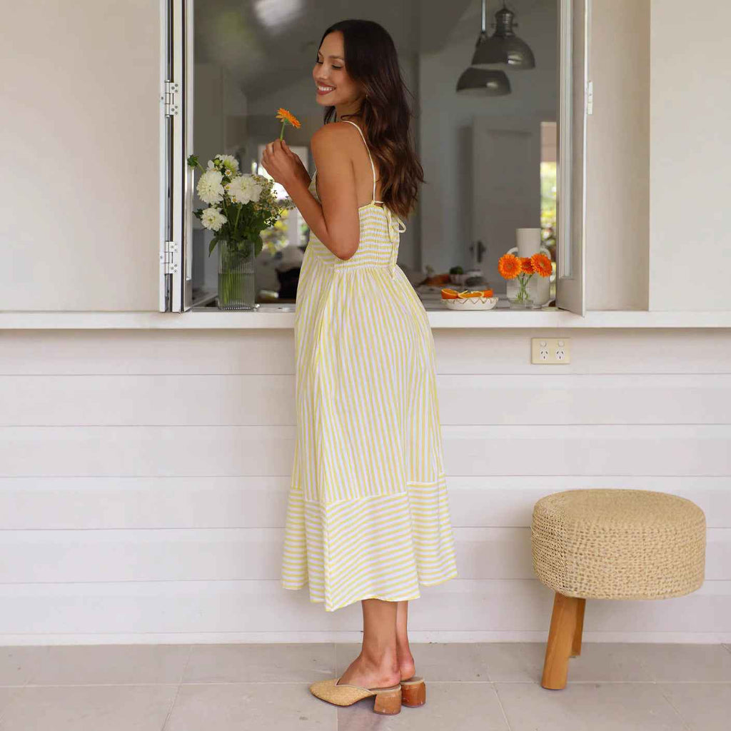 Women's Striped Midi Dress – V-Neck, Spaghetti Straps, Button Detail – Lightweight Cotton