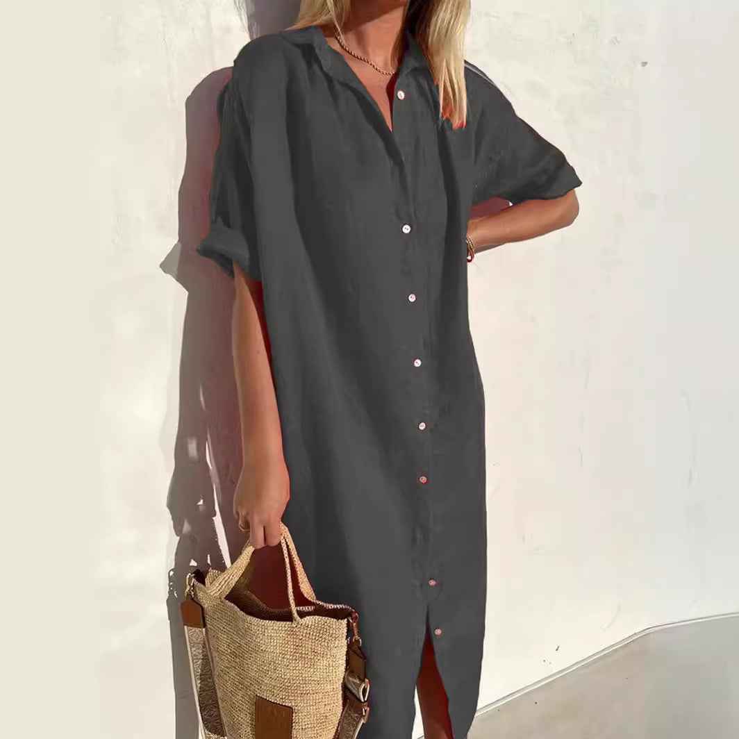 Women's Relaxed Fit Linen Cotton Shirt Dress - Short Sleeve with Button Closure Grey