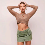 Women's Slim Fit Denim Mini Skirt with Front Pockets and Button Zip Closure Green