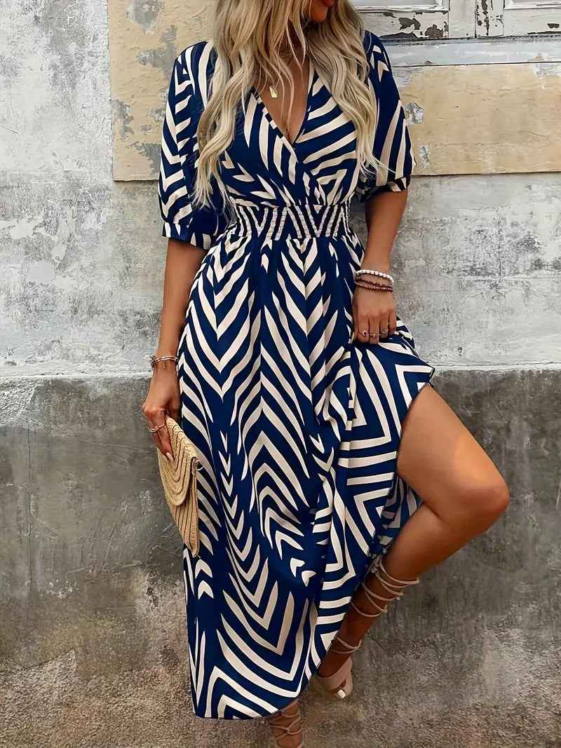 Women's A-line Midi Dress – V-neck Wrap with Pleated Sleeves & Belt Blue