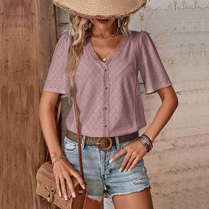Women's Relaxed Fit V-Neck Cotton Blouse with Lace and Embroidery – Short Sleeve Coral Pink