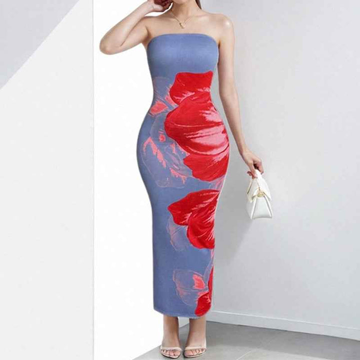 Women's Floral Print Maxi Dress – Slim Fit – Soft Strapless Design Purple Red