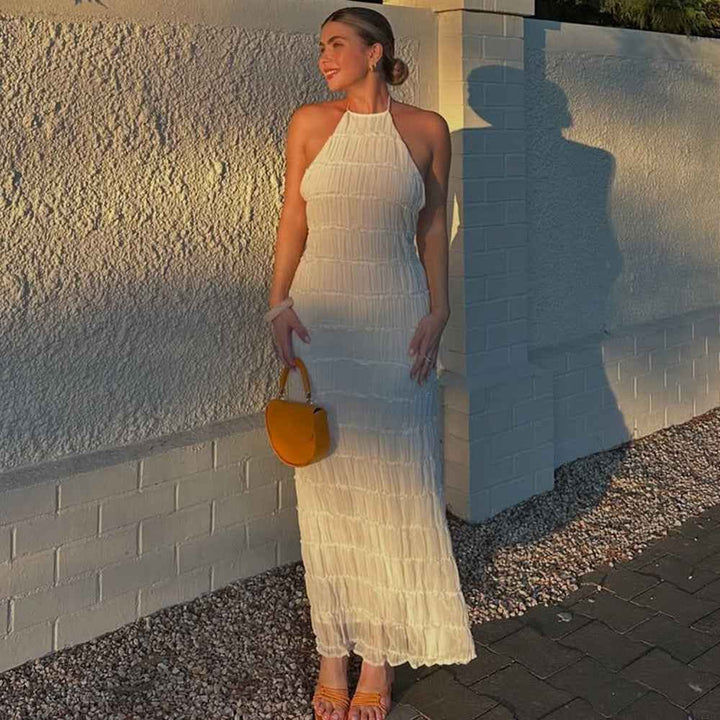 Women's Ruffled Halter Neck Maxi Dress – Figure-Hugging Open Back Eveningwear
